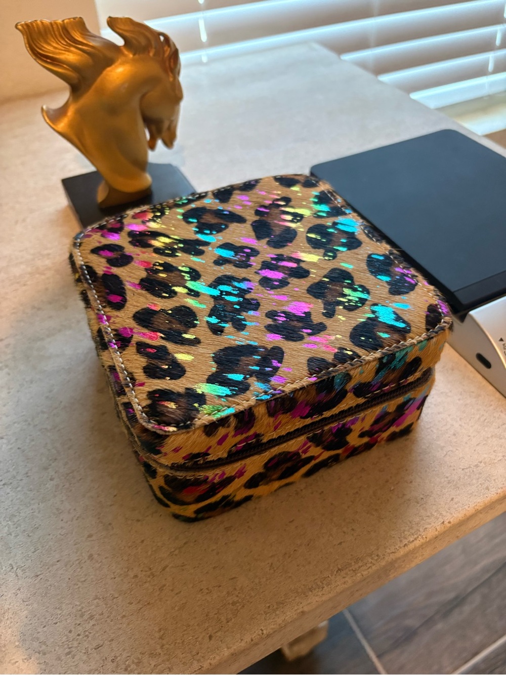 Boho Ranch Handmade Rainbow Acid Wash Leopard Cowhide Jewelry Case